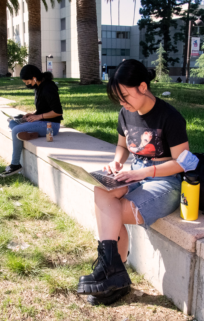 Two CSUN students are seated on a sunny bench, engaged with their laptops, immersed in their academic work.