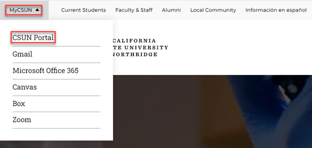 CSUN Homepage Screenshot with MYNORTHRIDGE PORTAL circled