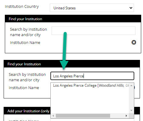 Find your Institution screen