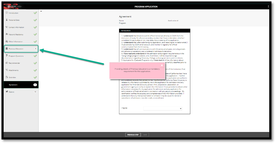 Agreement page with incomplete section screen