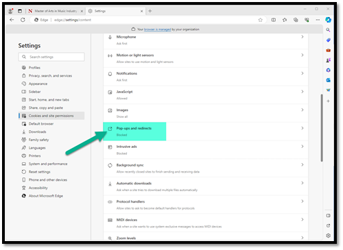Edge Cookies and site permissions setting screen with Pop-ups and redirects menu highlighted