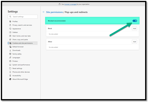 Edge Pop-ups and redirects setting screen with Blocked (recommended) toggle button highlighted