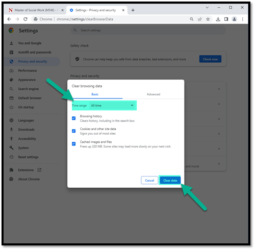 Google Chrome Clear browsing data screen with Time range drop-down and Clear data button highlighted