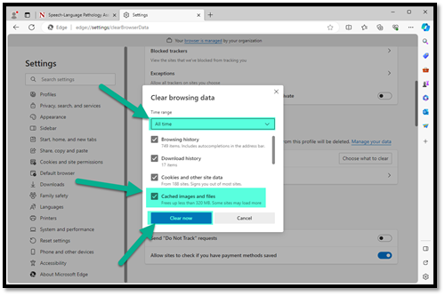 Edge Clear browsing data dialog screen with Time range drop-down, Cached images and files checkbox and Clear now button highlighted